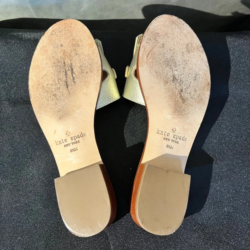 Kate Spade Brie GoldLeather Fringe Chain Slide Sandals Mules‎ Women's Size 6.5M